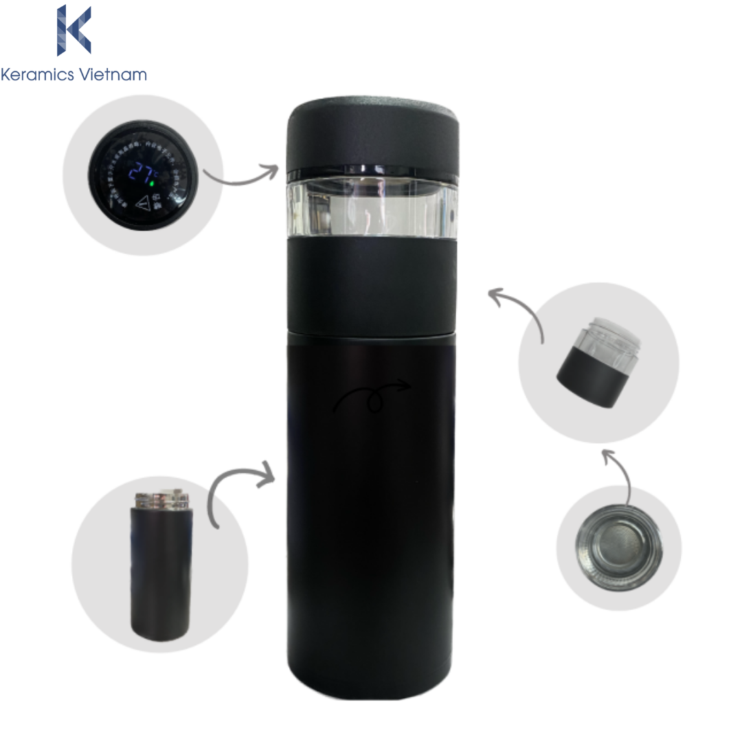 Thermal flask with temperature display and built-in filter.